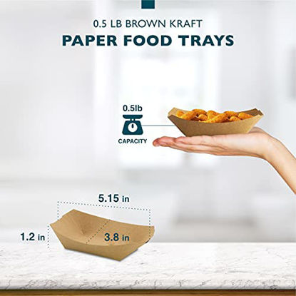Picture of [250 Pack] 0.50 lb Heavy Duty Disposable Kraft Brown Paper Food Trays Grease Resistant Fast Food Paperboard Boat Basket for Parties Fairs Picnics Carnivals, Holds Tacos Nachos Fries Hot Corn Dogs