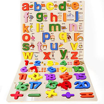 Picture of Puzzles for Toddlers, 2 Pack Oversized Alphabet Numbers Wooden Puzzles for Kids Ages 1-6 Years Old, Montessori Preschool Educational Learning Blocks Board Gift Toys for Boys and Girls