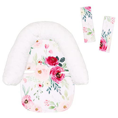 Picture of Baby Carseat Headrest and Strap Covers, Floral Minky Infant Strollers Head Support & Seat Belt Cover, Toddler Strollers Headrest and Neck Cover, Car Accessories for Newborn Boys & Girls