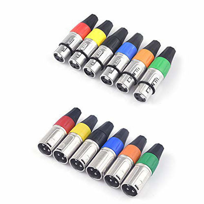 Picture of XLR Connectors, Devinal Colored 3 PIN XLR Ends, Male/Female Audio Mic Microphone DMX Plug Jack Socket, Nicked-Plated, Silver Contacts, Solder Type, 6-Pair