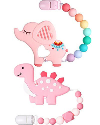 Picture of 2 Sets Baby Teething Toys Silicone Teethers with Pacifier Clip Cute Teether with Silicone Beads Pacifier Holder Teether No Bpa Teething Pain Relief Toys for Baby Shower (Dinosaur Elephant Style)
