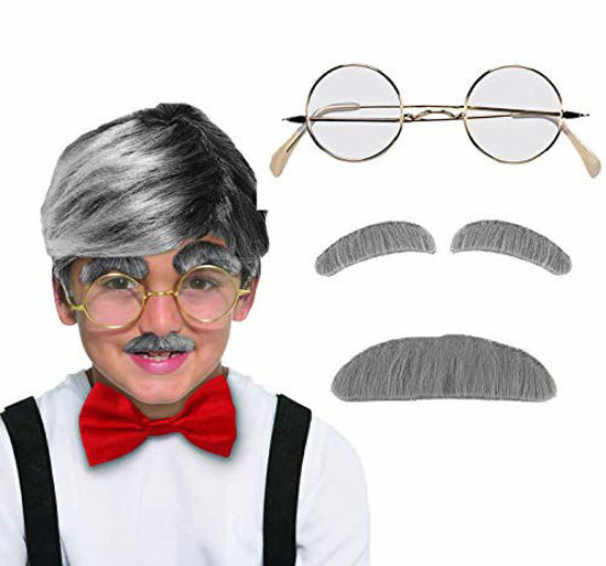 Eyebrows Wig Not Included Old Man Costume For Kids Boys 100th Day of School Old Man Dress Up Stick-on Mustache & Fake Glasses Grandpa Costume Accessories Kit by 4Es Novelty 