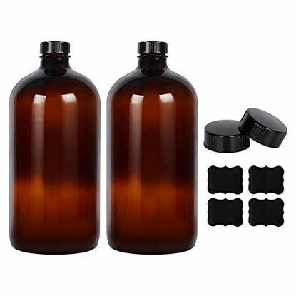 Picture of 2 Pack - 1 Liter 32 oz Amber Glass Boston Round Bottles with Air Tight Seal Phenolic Poly Cone Caps. Perfect Glass Containers for Secondary Fermentation,Storing Kombucha,Brewing and Juicing.