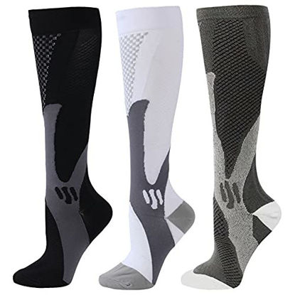 Picture of ZFiSt 3 Pair Medical Sport Compression Socks Men,20-30 mmhg Run Nurse Socks for Edema Diabetic Varicose Veins (Black+White+Grey)
