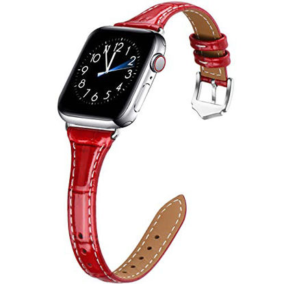 Picture of WFEAGL Leather Bands Compatible with Apple Watch 38mm 40mm 41mm, Top Crocodile Pattern Leather Band Slim & Thin Replacement Wristband for iWatch SE & Series 6/5/4/3/2/1(Red/Silver,38mm 40mm 41mm)