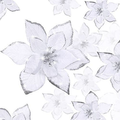 Picture of 24 Pieces 3 Size Christmas Glitter Poinsettia Flowers Wedding Faux Flowers Christmas Decoration Ornaments for Christmas Tree New Year Home Outdoor Decoration (White,3.2/4/6 Inches)
