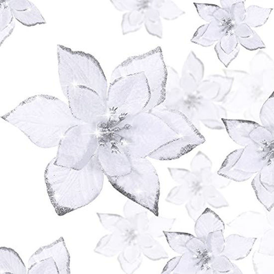 Picture of 24 Pieces 3 Size Christmas Glitter Poinsettia Flowers Wedding Faux Flowers Christmas Decoration Ornaments for Christmas Tree New Year Home Outdoor Decoration (White,3.2/4/6 Inches)