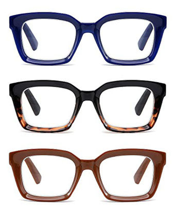 Picture of 3 Pack Oversize Square Design Reading Glasses for Women, Blue Light Blocking Reader (Black&Blue&Coffee, 2.5)