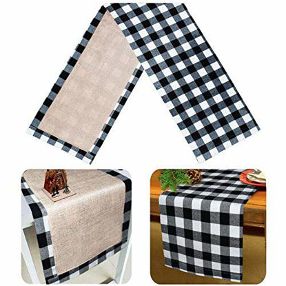 Picture of Senneny Buffalo Plaid Table Runner, Reversible Burlap & Cotton Table Runner, Farmhouse Buffalo Check Table Runner for Christmas Holiday Birthday Party Table Home Decoration