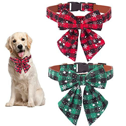 Picture of 2 Pack Christmas Dog Collar with Bow Tie, Classic Plaid Red Green Dog Collars with Removable Bowtie Christmas Collars for Small Medium Large Dogs Pets (Large)