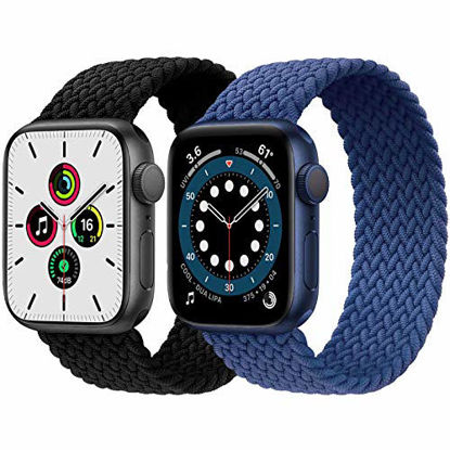 Picture of 2-Pack Solo Loop Strap Compatible with Apple Watch Band 42mm 44mm 45mm,No Clasps No Buckles Stretchable Braided Sport Elastics Replacement Wristband for iWatch Series 7/6/5/4/3,SE,Black&Blue,6#
