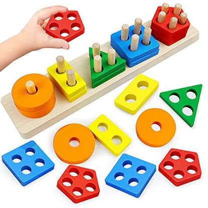 Picture of Montessori Toys for 1 to 3-Year-Old Boys Girls Toddlers, Wooden Sorting & Stacking Toys for Toddlers and Kids Preschool, Educational Toys, Color Recognition Stacker Shape Sorter, Learning Puzzles Gift