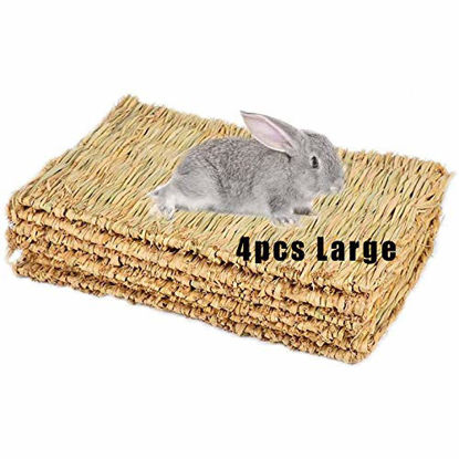 Picture of Hamiledyi Grass Mat Woven Bed Mat for Small Animal 4PCS Large Bunny Bedding Nest Chew Toy Bed Play Toy for Guinea Pig Parrot Rabbit Bunny Hamster Rat