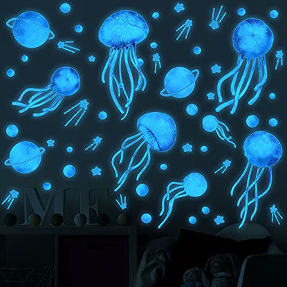 Picture of 4 Sheets Starry Sky Jellyfish Wall Sticker Glow in The Dark Wall Stickers Planet Blue Luminous Wall Decals DIY Peel Stick Art Decor for Walls Ceiling Kids Bedroom Living Room Nursery Girls and Boys (Blue)