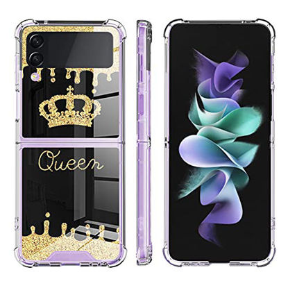 Picture of ZIYE Case Compatible Samsung Galaxy Z Flip 3 5G(2021) Slim Hard Cover Shockproof Folding Screen Scratch Resistant with Unique Gold Queen Crown Pattern Design Phone Clear Case for Samsung Z Flip 3 5G