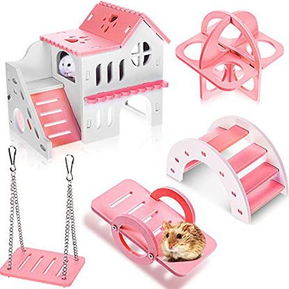 Picture of 5 Pieces Hamster Toys Include Wooden Hamster House Rainbow Bridge Hamster Seesaw Toy Hamster Swing Hamster Exercise Circle Toy Suitable for Small Hamsters (Pink,6.3 x 3.93 x 5.5 inch)