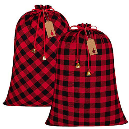 Picture of Aneco 2 Packs Buffalo Plaid Drawstring Bag Jumbo Size Holiday Santa Present Bag Large Cotton Storage Bags with 24 Pieces Kraft Tags and Bell for Storing Christmas Gifts