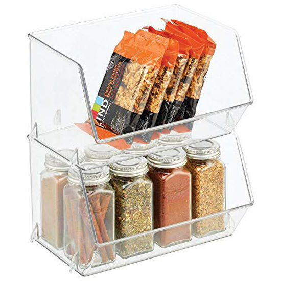 Picture of mDesign Plastic Open Front Food Storage Bin for Kitchen Cabinet, Pantry, Shelf, Fridge/Freezer - Organizer for Fruit, Potatoes, Onions, Drinks, Snacks, Pasta - 5" Tall - 2 Pack - Clear