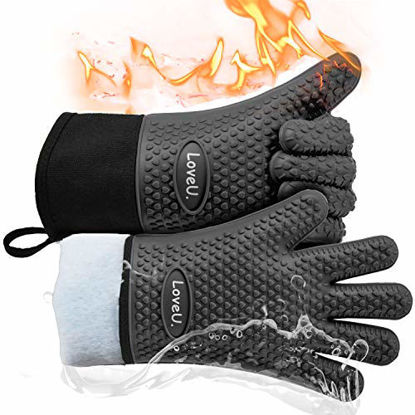 Picture of Loveuing Kitchen Oven Gloves - Silicone and Cotton Double-Layer Heat Resistant Oven Mitts /BBQ Gloves /Grill Gloves - Perfect for Baking and Grilling - 1 Pair (One Size Fits Most, Black Long)