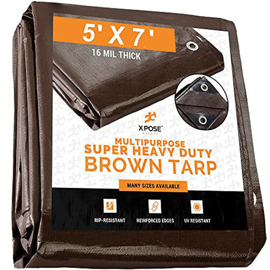 Picture of Super Heavy Duty 16 Mil Brown Poly Tarp Cover - Thick Waterproof, UV Resistant, Rip and Tear Proof Tarpaulin with Grommets and Reinforced Edges - by Xpose Safety (5' x 7')