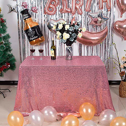 Picture of JYFLZQ Rose Pink Sequin Tablecloth 50" x 80" Rectangular Sparkly Drape Table Cloths Table Cover Overlay for Wedding Birthday Party Baby Bridal Shower