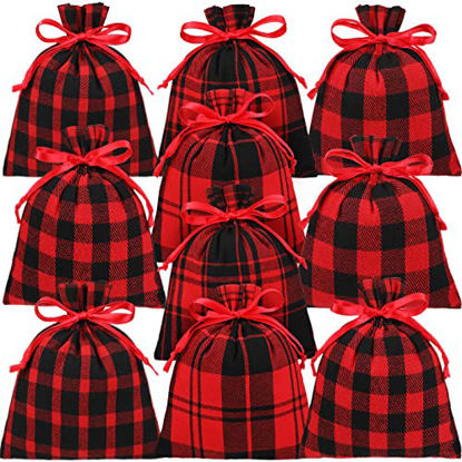 Picture of 10 Pieces Christmas Buffalo Plaid Drawstring Bags Drawstring Gift Bags Santa Large Sacks Xmas Wrapping Bags Cotton Drawstring Bags Sack for Party Favors Candies (Red and Black Plaid,6 x 8 Inch)
