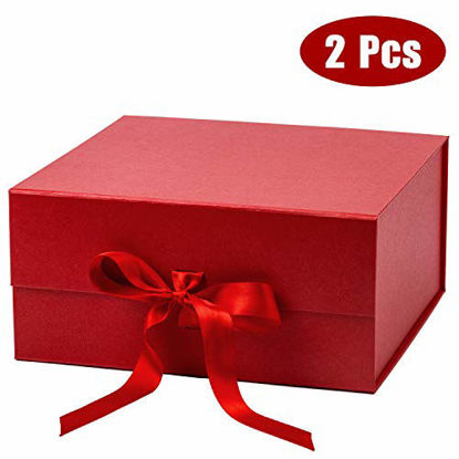 Picture of WRAPAHOLIC 2Pcs Red Gift Box with Satin Ribbon, 8x8x4 Inches Collapsible Gift Box with Magnetic Closure for Party, Wedding, Gift Wrap, Bridesmaid Proposal, Storage