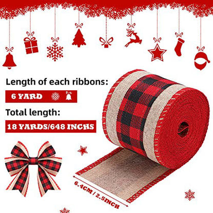 Picture of 3 Rolls 18 Yards Christmas Buffalo Plaid Wired Edge Ribbons Burlap Fabric Craft Natural Fabric Ribbon Christmas Check Burlap Ribbon for DIY Wrapping Crafts Decor, 2.5 Inch Width (Red and Black)