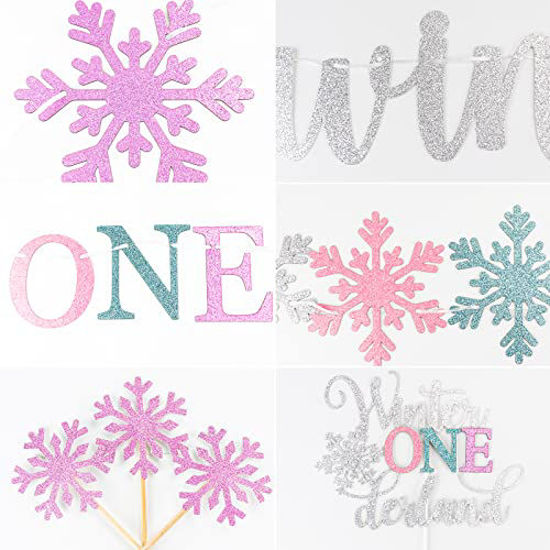 Winter Onederland 1st Birthday Banner - Pink & Silver Glitter Snowflake Banner For Girl's Winter Birthday Party Decor