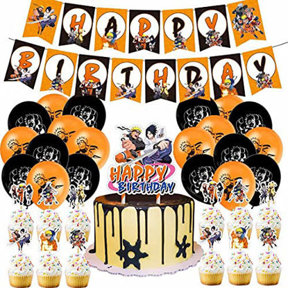 Picture of 46 Pieces Ninja Party Supplies,1 Pack Ninja Happy Birthday Banners,20 Pack Balloons,24 Pack Cupcake Topper and Cake Topper,Ninjutsu Ninja Anime Party decorations for kids boy Fans