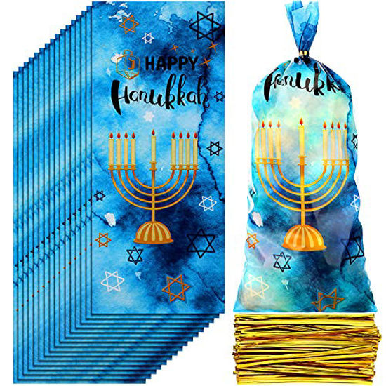 Picture of 100 Pieces Hannukah Gift Bag Blue Tie-dye Paper Bags Menorah Goodie Bags Candy Treat Bags Party Favor Bag with 150 Gold Ribbons for Kids Hanukkah Decorations Party Supplies Favors