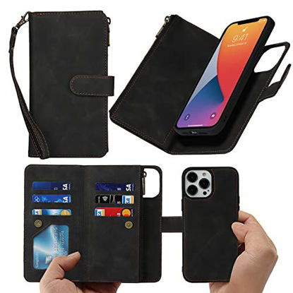 Picture of JWS-C iPhone 13 Pro Max 6.7" Wallet Case Zipper Detachable 2in1 Magnetic Cover with 6 Card Holder Slots Flip Wristlet Lanyard case for iPhone 13 Pro Max- Black