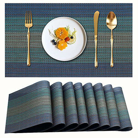 Picture of Candumy Blue Placemats Set of 8 for Dining Table Washable High Temperature Resistant Non-Skid,Crossweave Woven Textilene Vinyl PVC Placemats for Kitchen