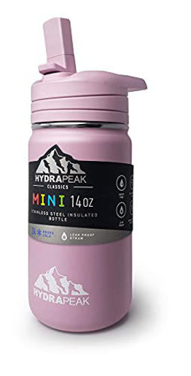 Picture of Hydrapeak Mini 14oz Kids Water Bottle with Straw Lid, Stainless Steel Double Wall Insulated Water Bottle for Kids | Leak-Proof and Spill-Proof Kids Water Bottle for School, Cold for 24 Hours (Pink)