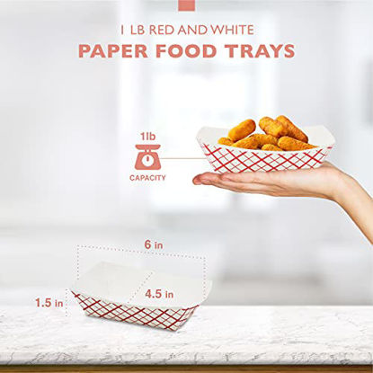 Picture of [250 Pack] 1 lb Heavy Duty Disposable Red Check Paper Food Trays Grease Resistant Fast Food Paperboard Boat Basket for Parties Fairs Picnics Carnivals, Holds Tacos Nachos Fries Hot Corn Dogs