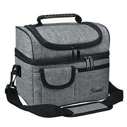 Picture of Tirrinia Insulated Lunch Bag, Leakproof Thermal Bento Cooler Tote for Women and Men, Dual Compartment with Shoulder Strap, 10.2" x 7.5" x 9", Dark Gray
