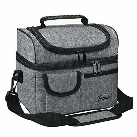 Picture of Tirrinia Insulated Lunch Bag, Leakproof Thermal Bento Cooler Tote for Women and Men, Dual Compartment with Shoulder Strap, 10.2" x 7.5" x 9", Dark Gray