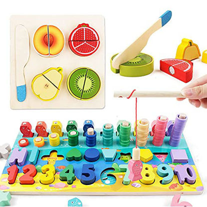 Picture of Toddlers Puzzles, Wooden Puzzles for Toddlers, 2 pcs Montessori Early Education Toys, Shape Sorting Number Fishing Puzzle and Cut Fruit Wooden Blocks Puzzle Gift for Kids 1-6 Years Boys and Girls