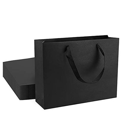Picture of 12 pcs Kraft Gift Bags Bulk Medium Size 12.5"x4.5"x10", Black Kraft Paper Shopping Bags with Ribbon Handles, Party Favor Bags, Shopping Bags, Retail Bags, Wedding Bags, Merchandise Business Bags