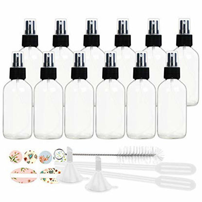 Picture of 12 Pack 120 ml 4oz Clear Glass Spray Bottles with Fine Mist Sprayer & Dust Cap for Essential Oils, Perfumes,Cleaning Products.Included 1 Brush,2 Funnels,2 Droppers & 18 Labels.