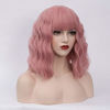 Picture of BUFASHION 14" Women Short Wavy Curly Wig Light Pink Bob Wig Cosplay Halloween Synthetic Wigs Wigs With Neat Bang Wig With Free Wig Cap (Light Pink 1)