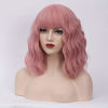 Picture of BUFASHION 14" Women Short Wavy Curly Wig Light Pink Bob Wig Cosplay Halloween Synthetic Wigs Wigs With Neat Bang Wig With Free Wig Cap (Light Pink 1)