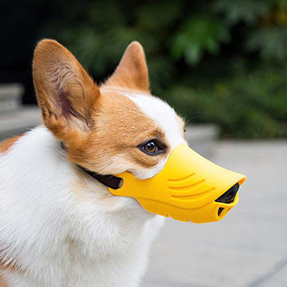 Picture of LUCKYPAW Dog Muzzle, Soft Duck Silicone Mouth Cover with Adjustable Strap for Small Medium Dogs, Best to Prevent Barking, Biting, and Chewing (XL, Yellow)