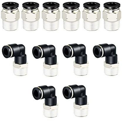 Picture of Tailonz Pneumatic Elbow and Straight Combination 1/4 Inch Tube OD x 3/8 Inch NPT Thread Push to Connect Fittings PC-1/4-N3+PL-1/4-N3(Pack of 12)