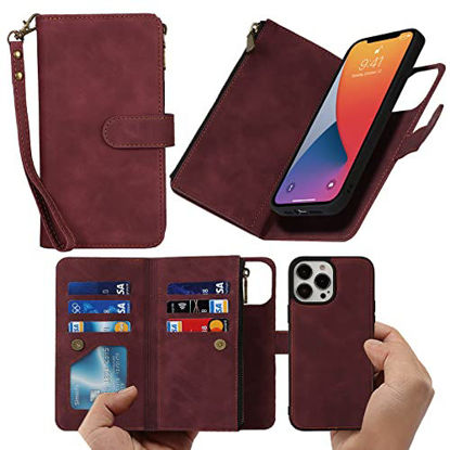 Picture of JWS-C iPhone 13 Wallet Case Zipper Detachable 2in1 Magnetic Cover with 6 Card Holder Slots Flip Wristlet Lanyard case for iPhone 13- Red Wine