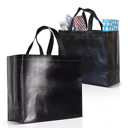 Picture of Nush Nush Black Gift Bags - Pack of 12 Black Non-Woven Reusable Tote Bags -Glossy Black Gift Bags With Handles For Wedding, Birthday, Party, Shopping- With 12 Cardboard Inserts - 13Wx5Dx11H Size