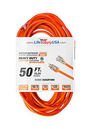 Picture of 50 ft Extension Cord 16/3 SJTW with Lighted end - Orange - Indoor / Outdoor Heavy Duty Extra Durability 13AMP 125V 1625W ETL Listed by LifeSupplyUSA