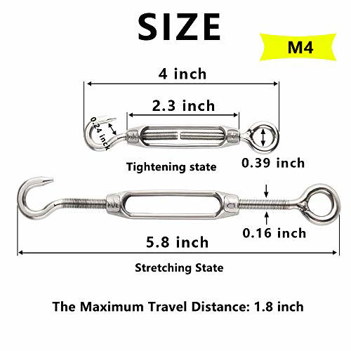 Pack Of 2 Turnbuckles Stainless Steel Turnbuckles With 2 Hooks, 304 Stainless Steel Rope