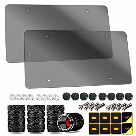Picture of ZXFOOG 2 Pack License Plate Covers- Tinted Smoked Flat License Plate Protector, Novelty Unbreakable Car Tag Frame Cover for Vehicles/Trucks, with Screws, Black Caps, Rattle Proof Pad, Tire Valve Caps