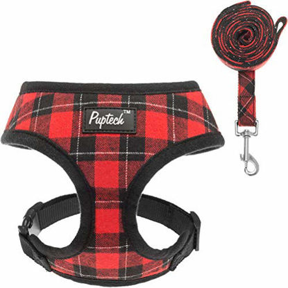 Picture of PUPTECK Soft Mesh Dog Harness with Leash - Plaid Adjustable Puppy No Pull Harnesses - Pet Padded Walking Vest for Small Medium Large Doggies Puppy Walking Outside Training